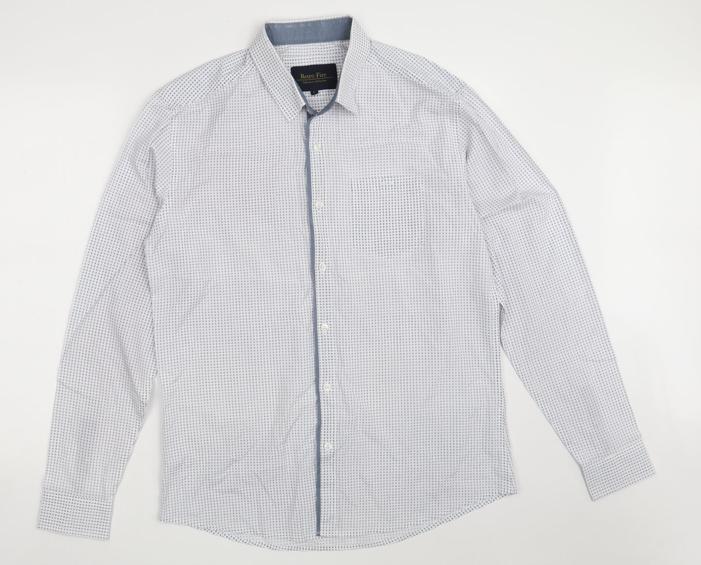 Retro Fire Mens White Geometric Polyester  Button-Up Size L Collared Button