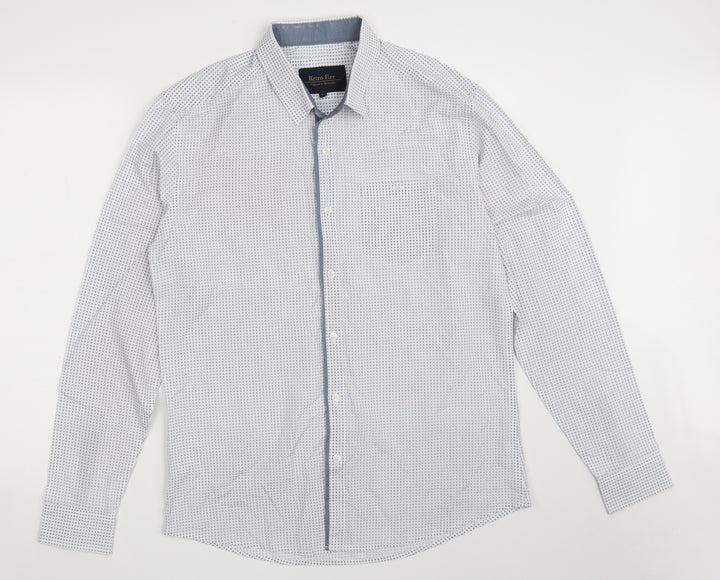 Retro Fire Mens White Geometric Polyester  Button-Up Size L Collared Button