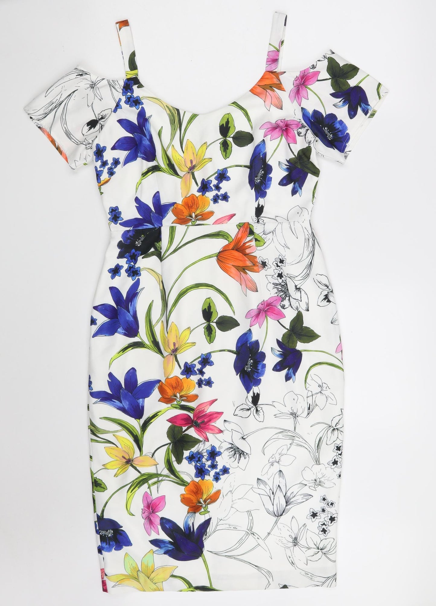Matalan Womens White Floral Polyester Fit & Flare  Size 10  V-Neck Zip