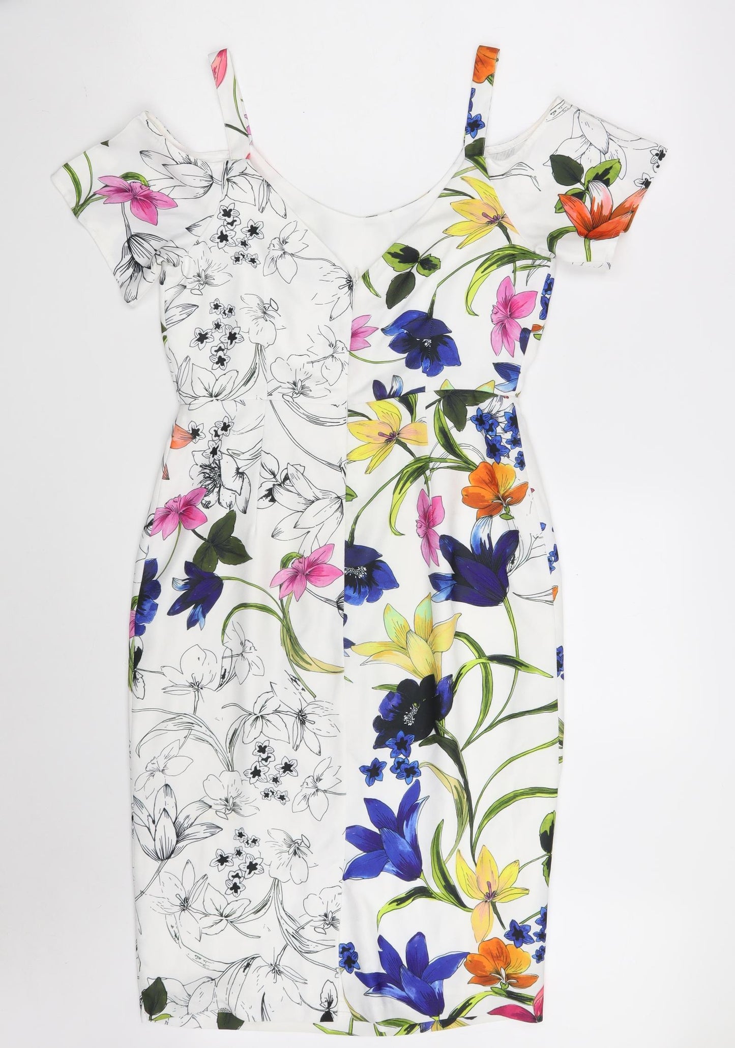 Matalan Womens White Floral Polyester Fit & Flare  Size 10  V-Neck Zip
