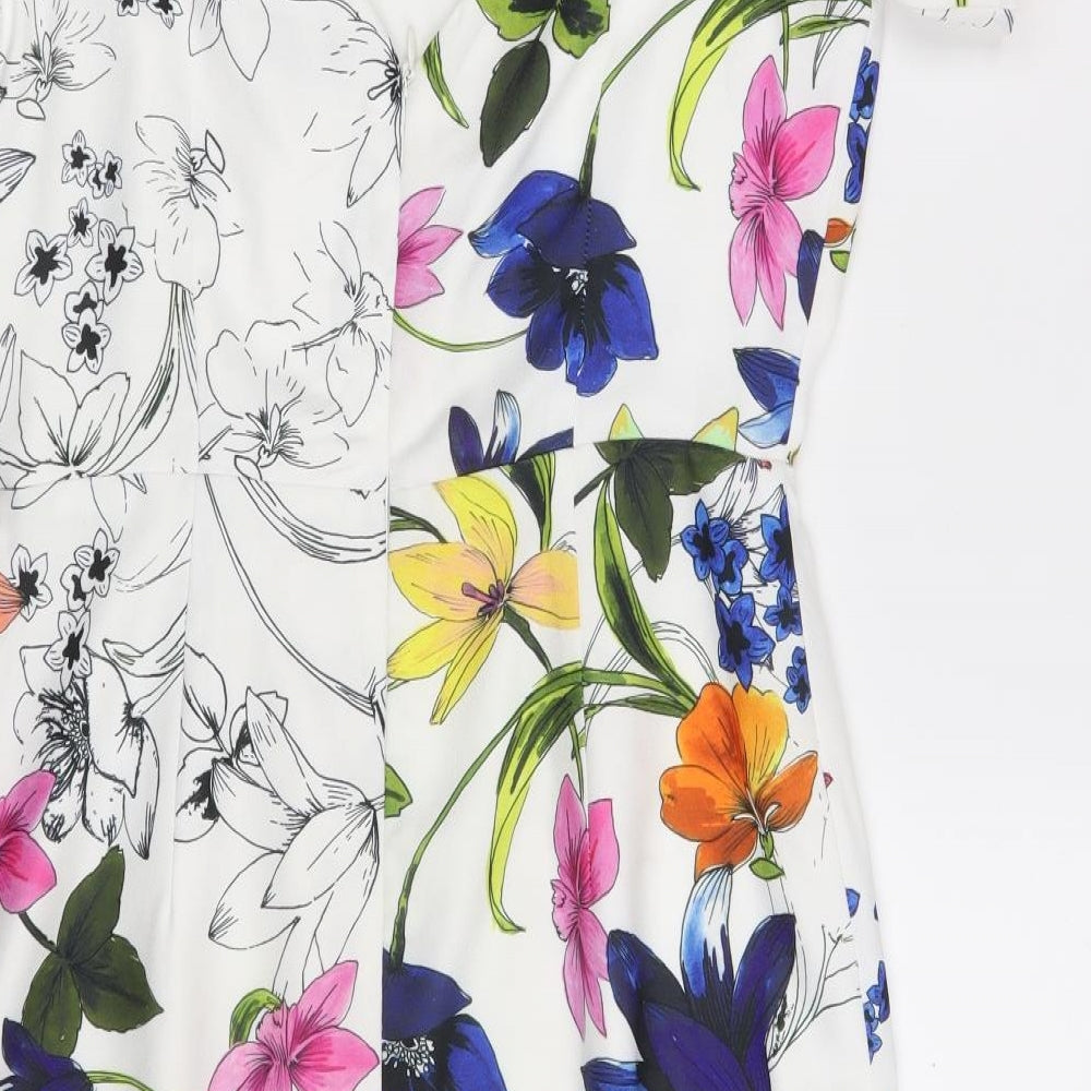 Matalan Womens White Floral Polyester Fit & Flare  Size 10  V-Neck Zip