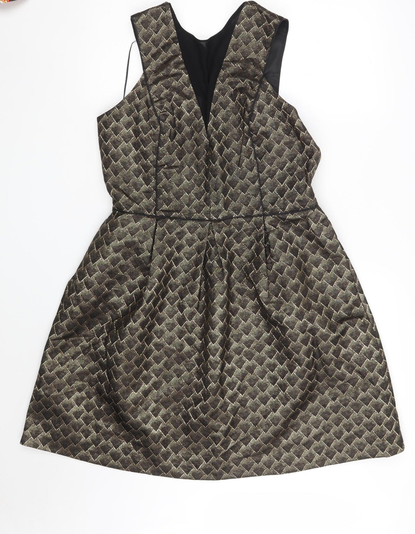 Oasis Womens Gold Geometric Polyester A-Line  Size 14  V-Neck Zip