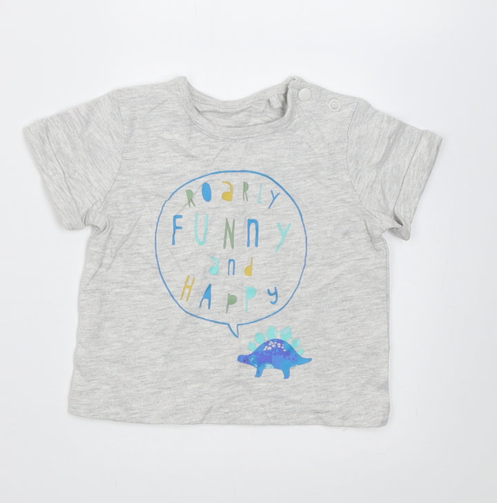 TU Boys Grey Cotton Basic T-Shirt Size 0-3 Months Crew Neck Button - roarly funny and happy