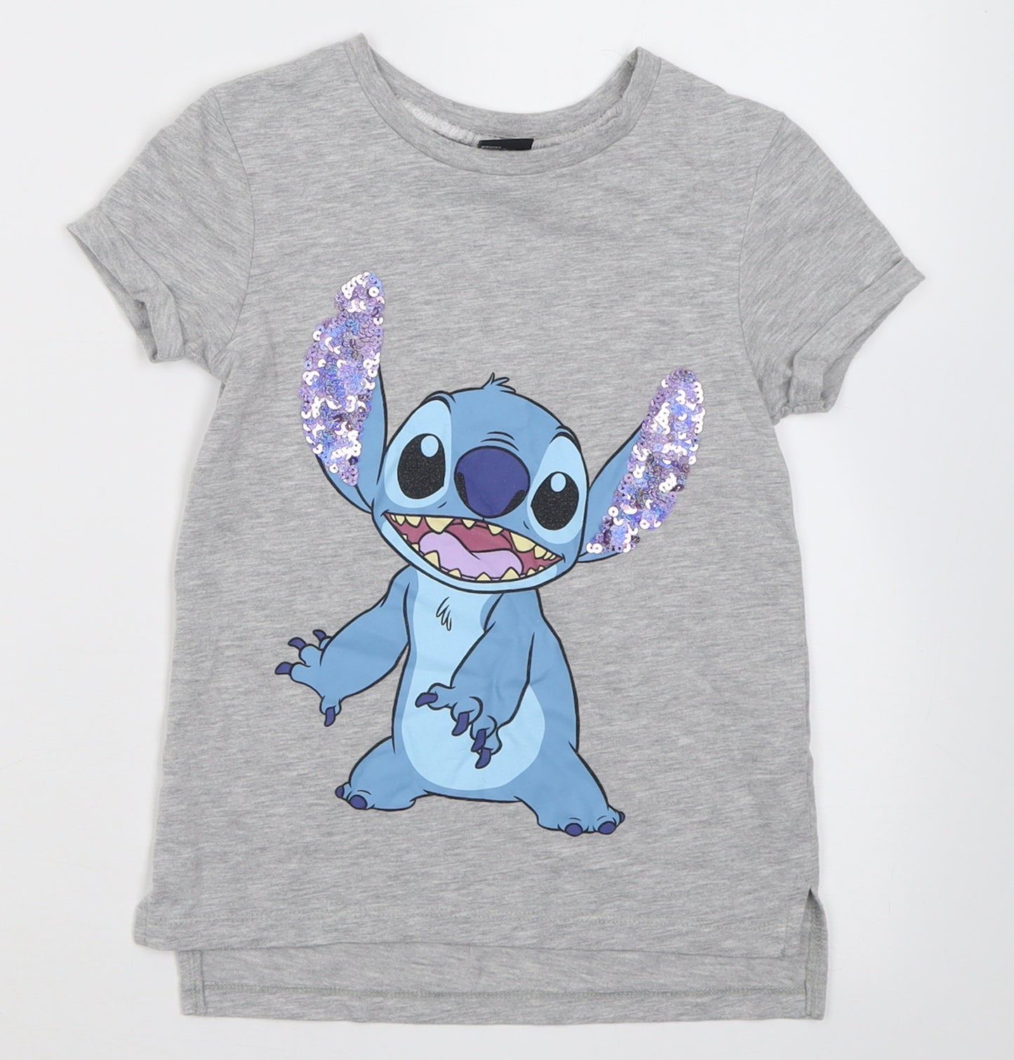 Primark Girls Grey  Cotton Basic T-Shirt Size 7-8 Years Crew Neck Pullover - Stitch