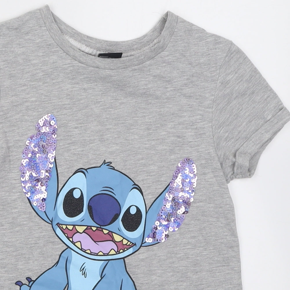 Primark Girls Grey  Cotton Basic T-Shirt Size 7-8 Years Crew Neck Pullover - Stitch
