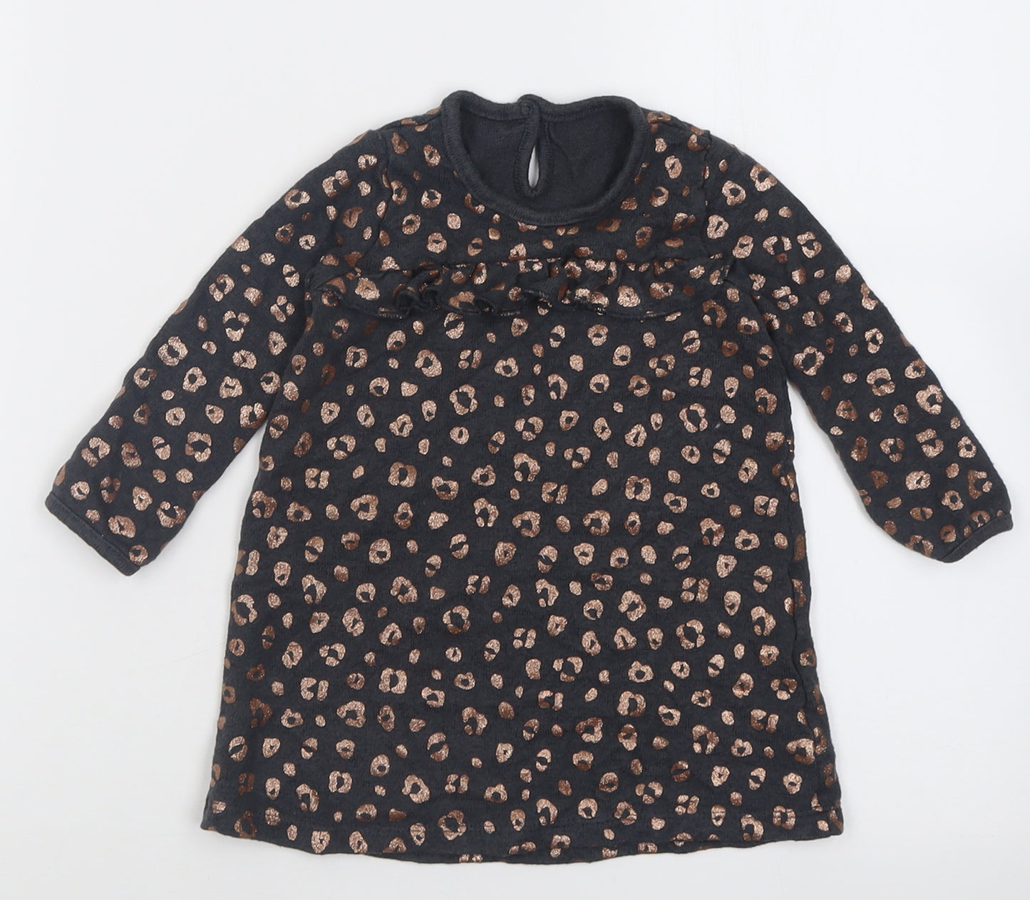 George Girls Grey Animal Print Viscose Jumper Dress  Size 9-12 Months  Crew Neck Button