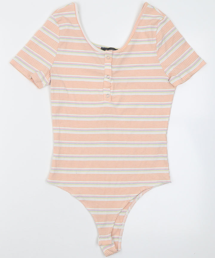 pri mRK Womens Orange Striped Polyester Bodysuit One-Piece Size S Button