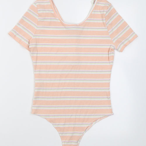 pri mRK Womens Orange Striped Polyester Bodysuit One-Piece Size S  Button