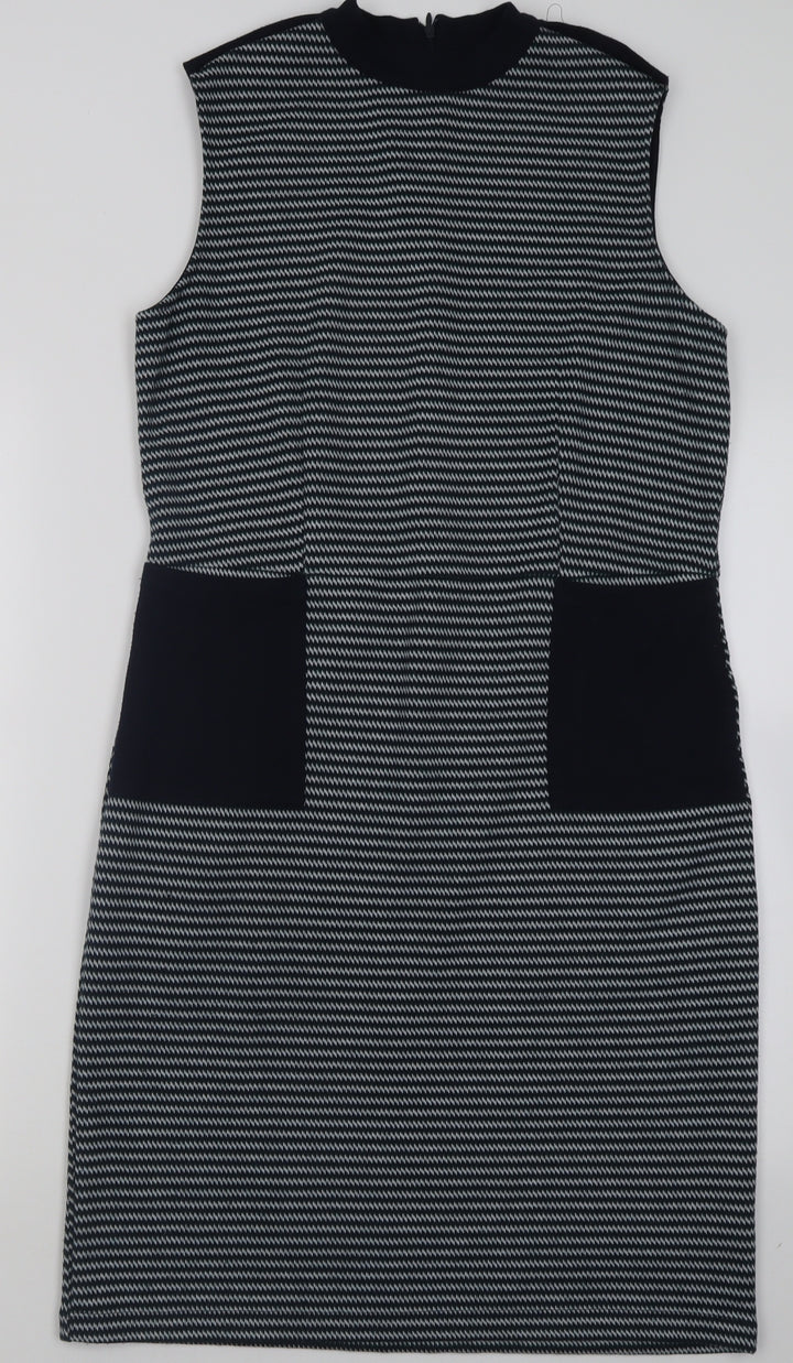 TU Womens Blue Geometric Polyester A-Line Size 12 Crew Neck Zip