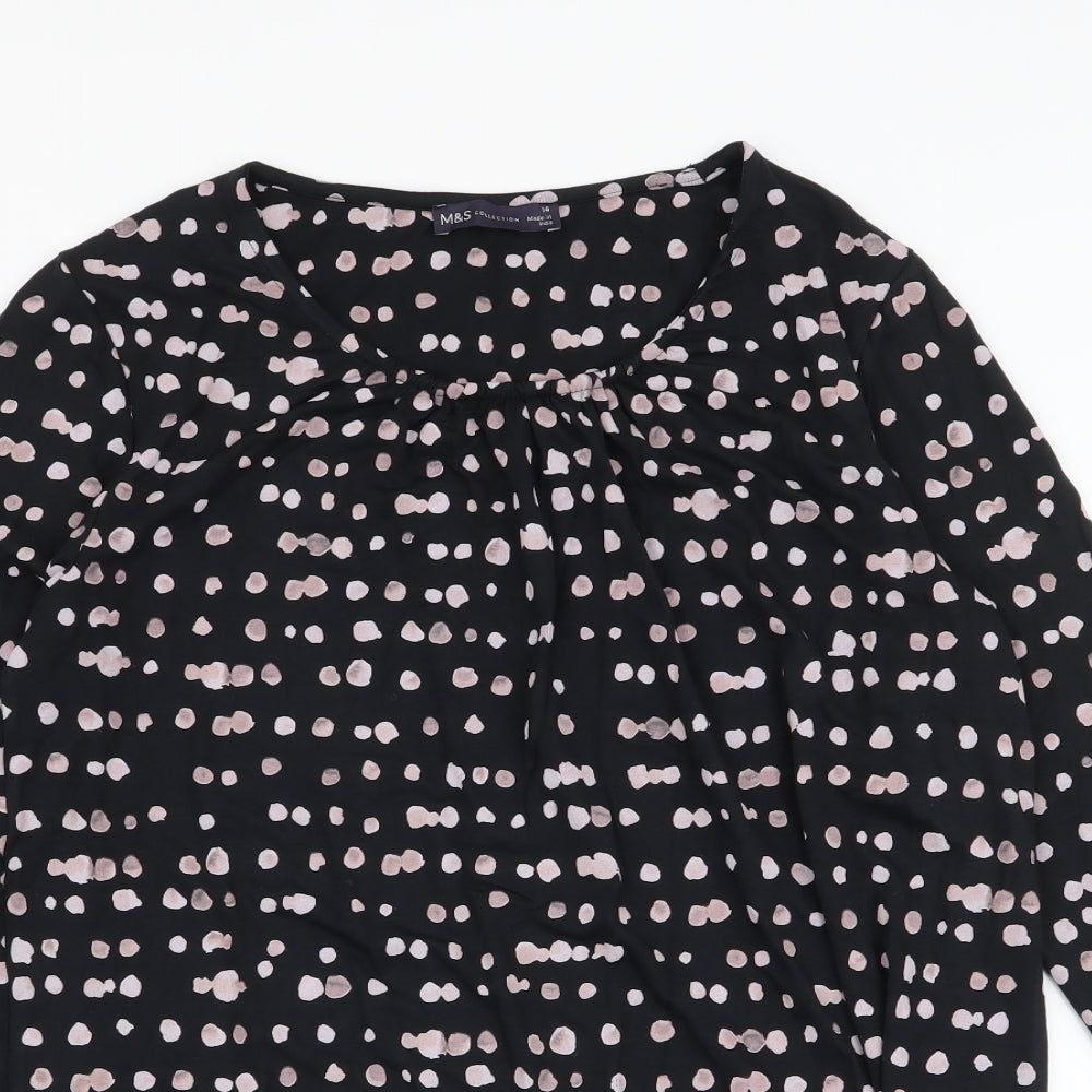 Marks and Spencer Womens Black Polka Dot Viscose Jersey T-Shirt Size 14 Round Neck