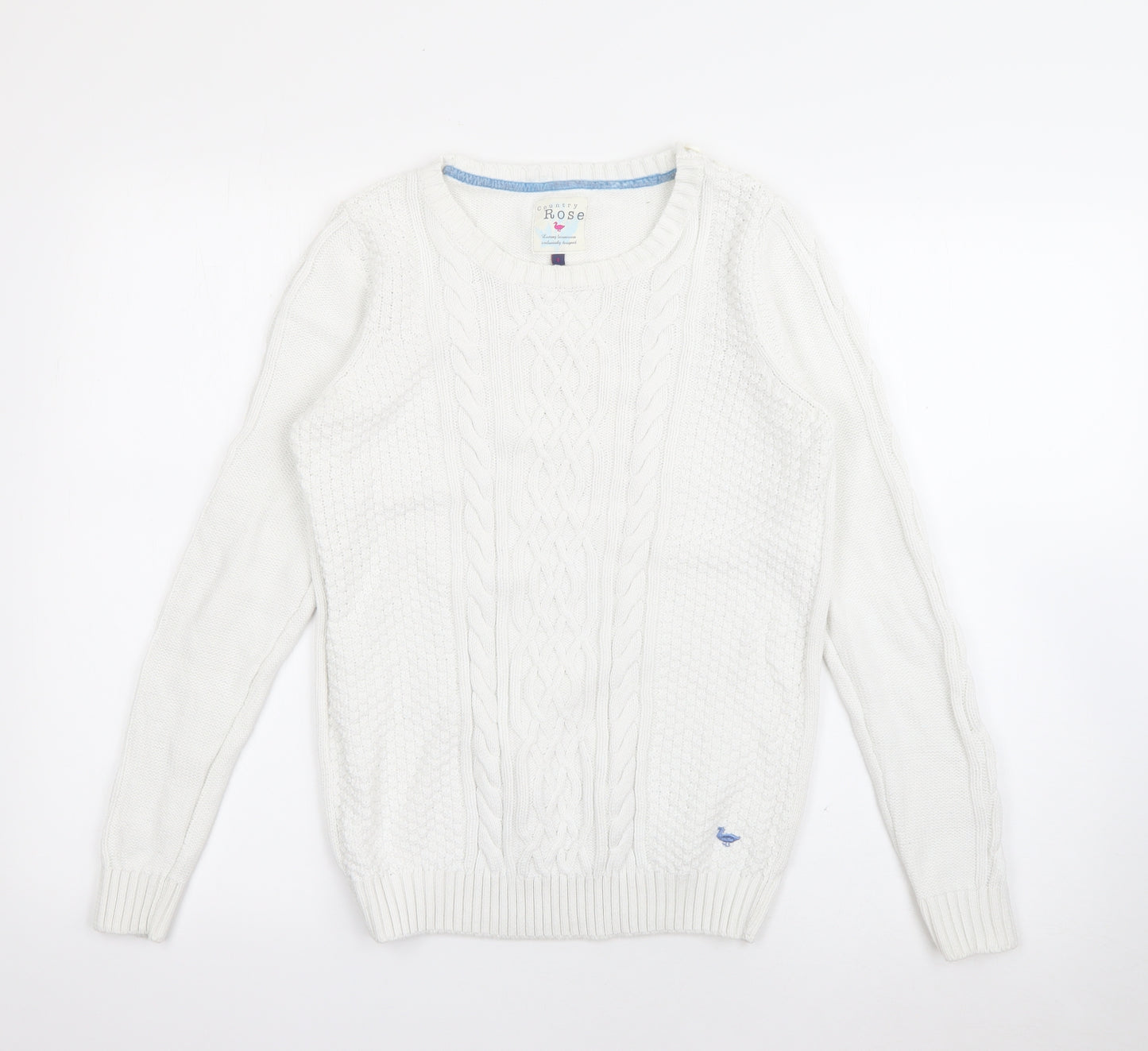 Country Rose Womens White Crew Neck  Cotton Pullover Jumper Size S