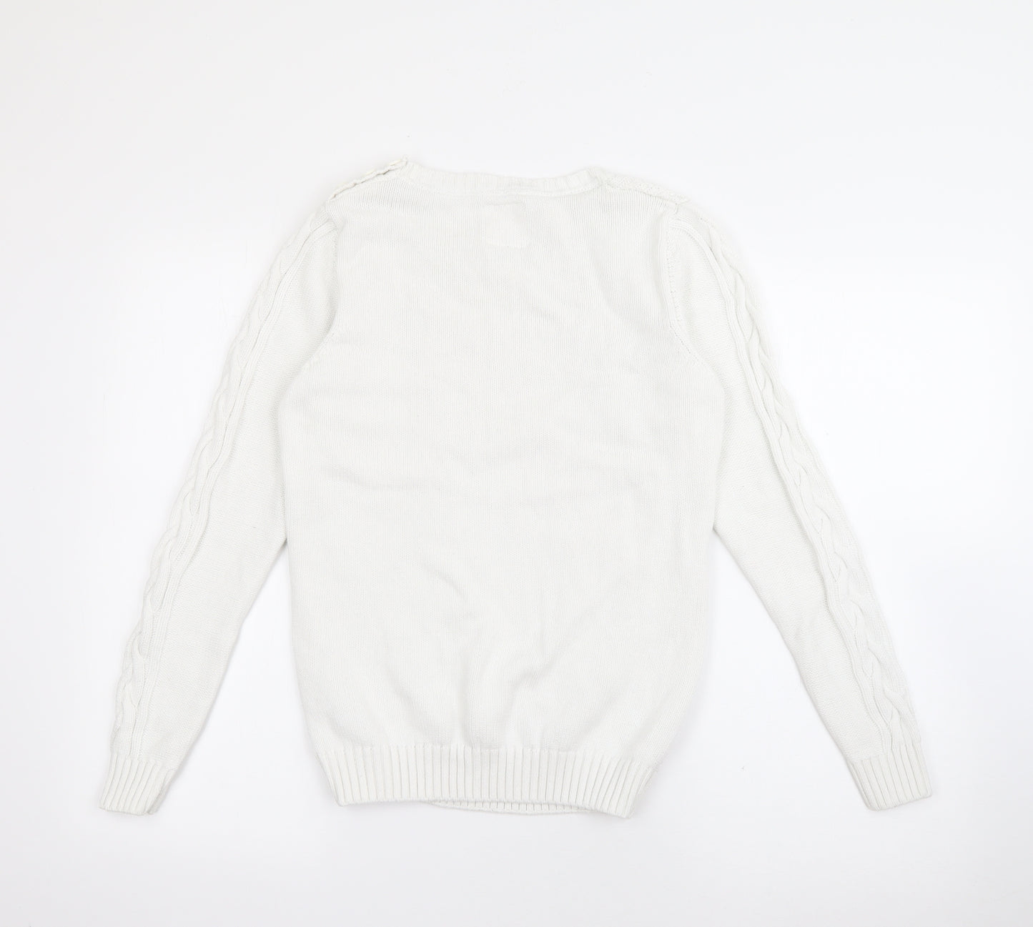 Country Rose Womens White Crew Neck  Cotton Pullover Jumper Size S