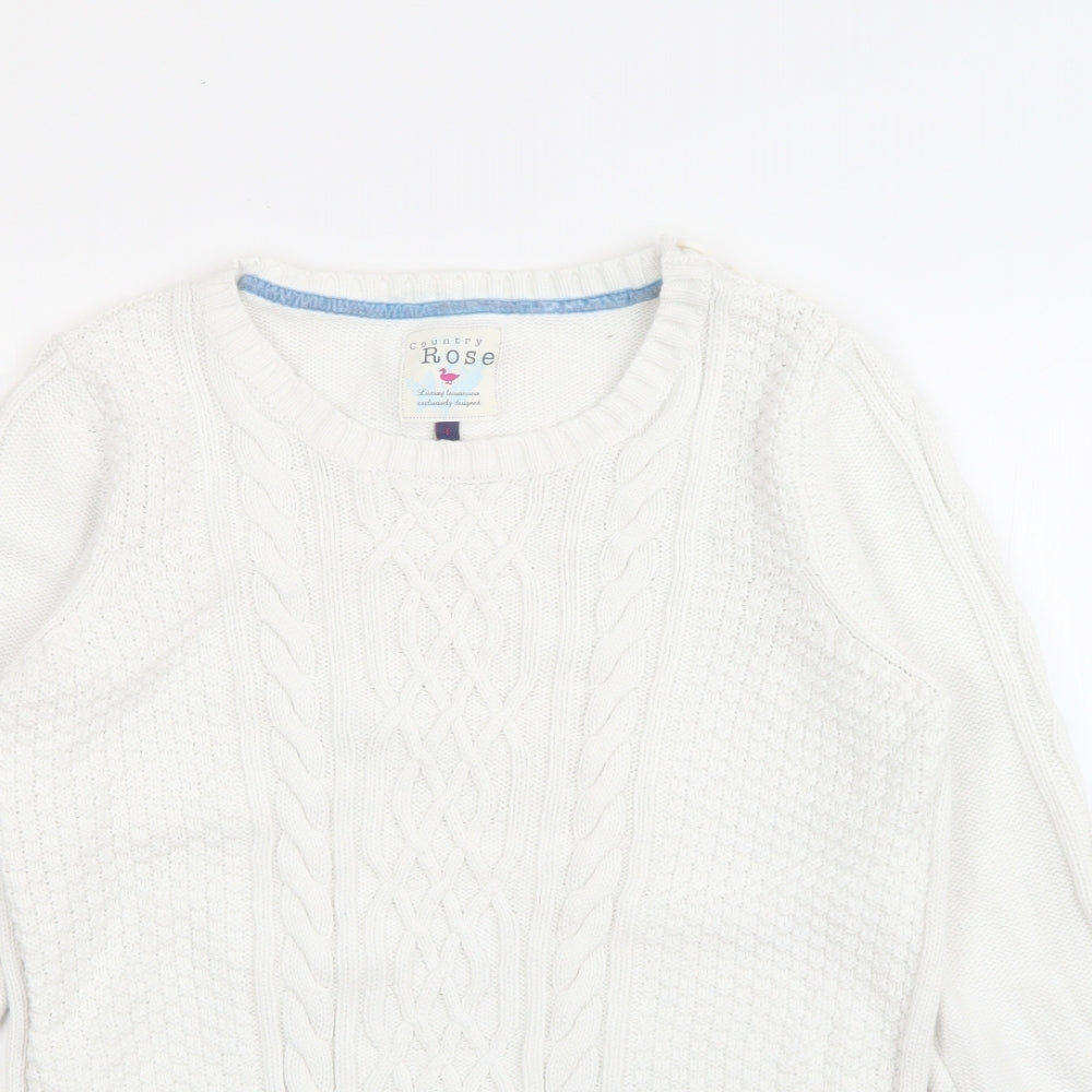 Country Rose Womens White Crew Neck  Cotton Pullover Jumper Size S