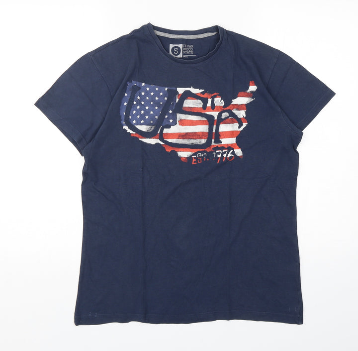 Cedar Wood State Mens Blue Cotton T-Shirt Size S Round Neck