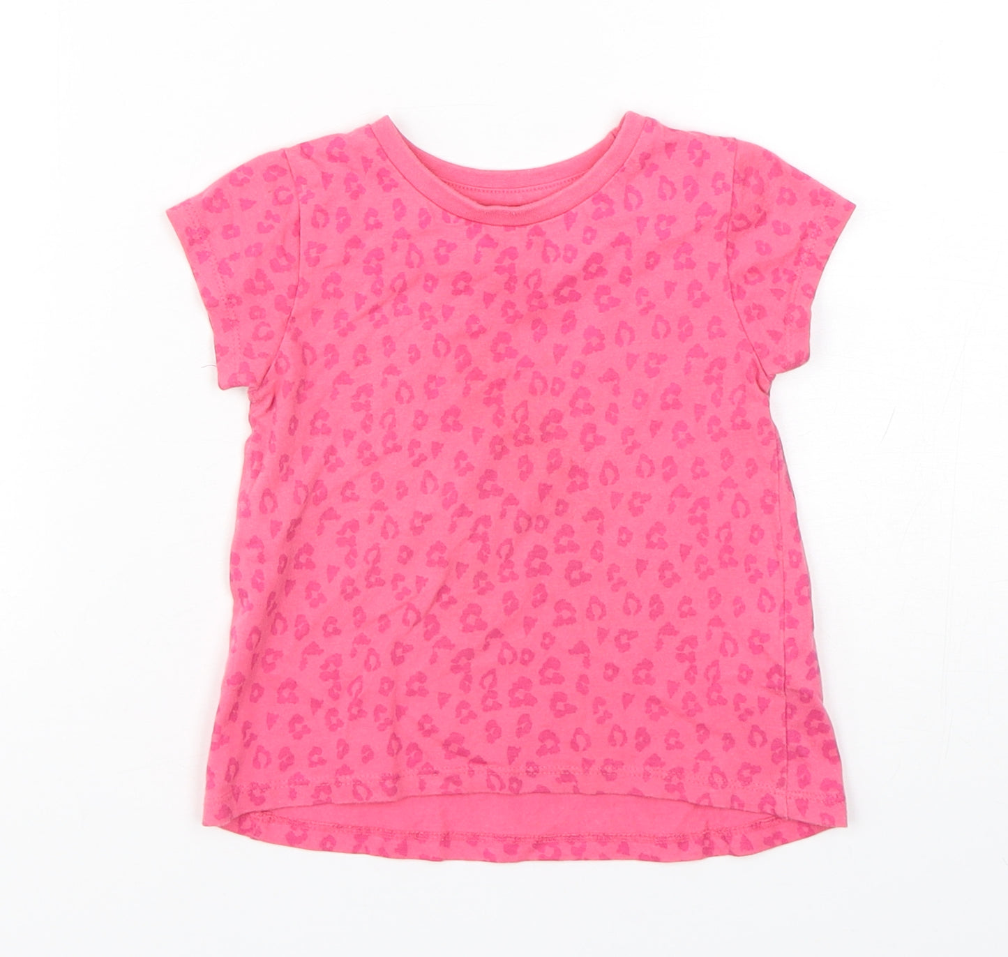 Dunnes Stores Girls Pink Animal Print Cotton Basic T-Shirt Size 18-24 Months Round Neck Pullover