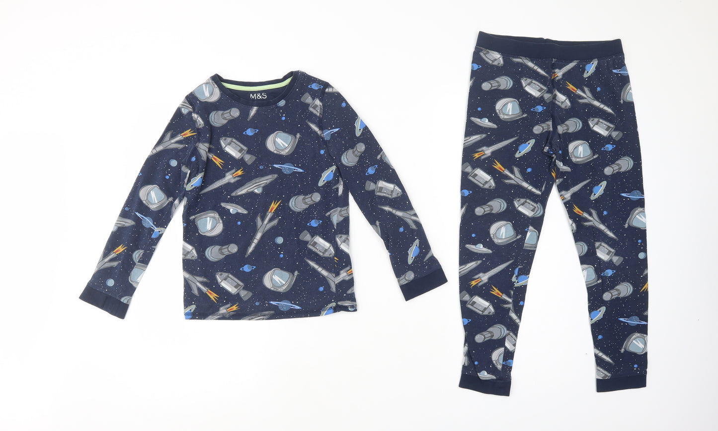 Marks and Spencer Boys Blue Geometric Cotton  Pyjama Set Size 8-9 Years  Pullover - Space