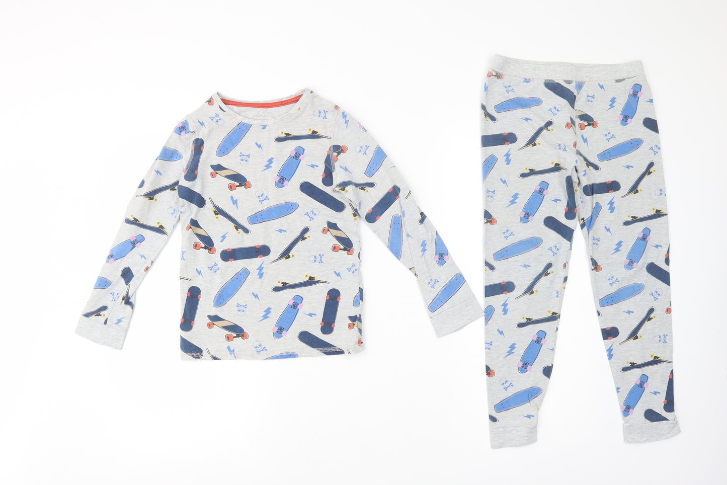 Marks and Spencer Boys Grey Geometric Cotton  Pyjama Set Size 8-9 Years  Pullover - Skateboard
