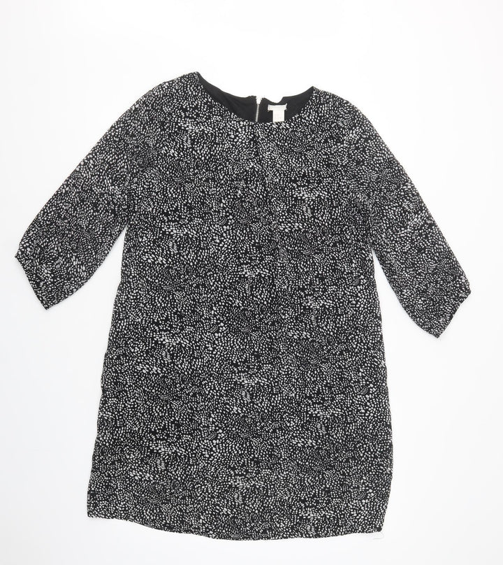 H&M Womens Black Animal Print Polyester Shift  Size 14  Roll Neck Zip