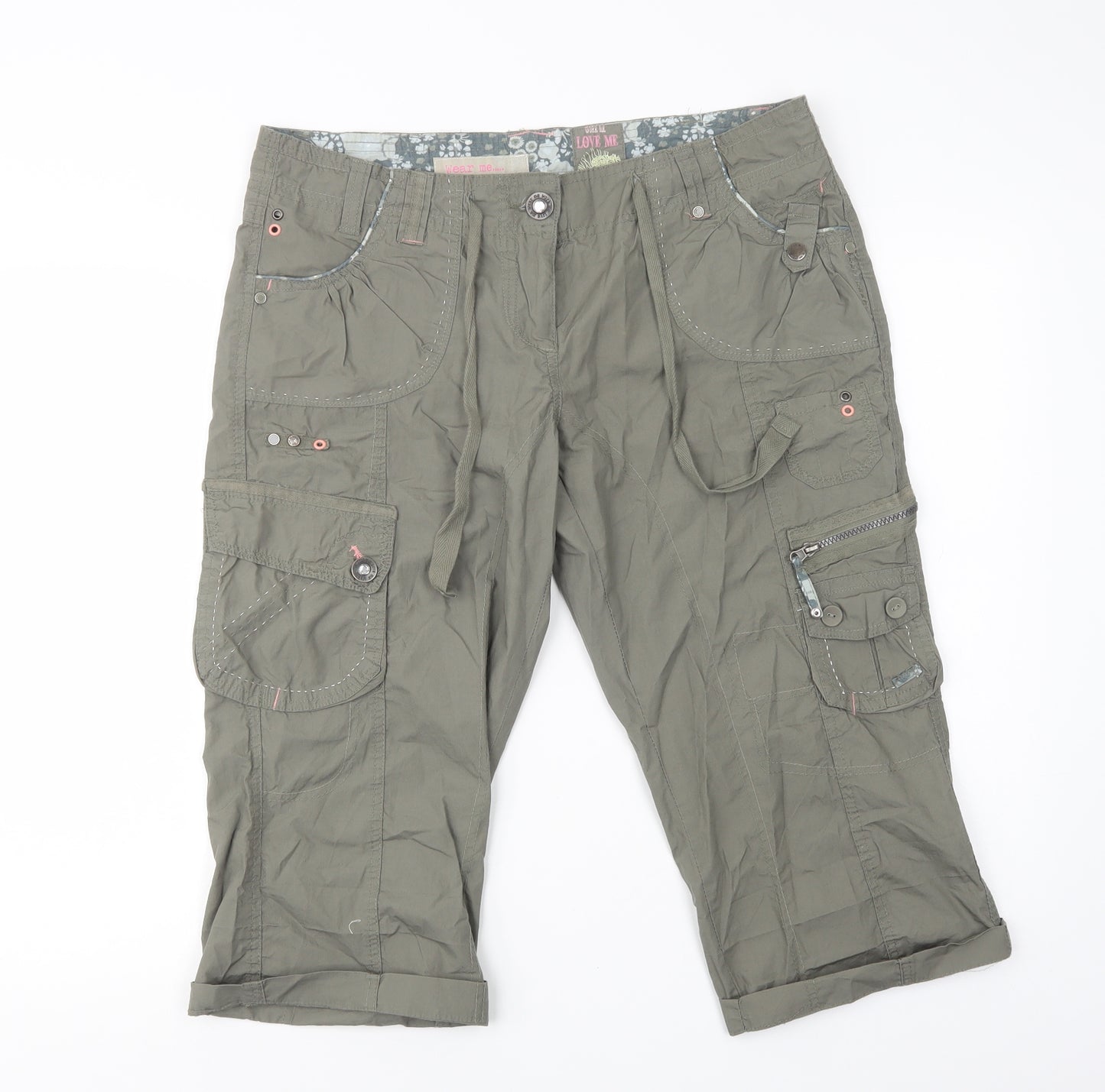 New Look Womens Green  Cotton Cropped Trousers Size 14 L20 in Regular Button