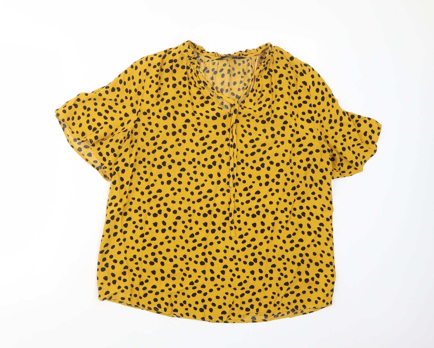 F&F Womens Yellow Animal Print Viscose Basic Blouse Size 14 V-Neck