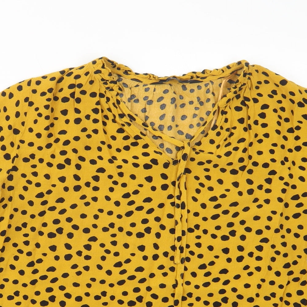 F&F Womens Yellow Animal Print Viscose Basic Blouse Size 14 V-Neck
