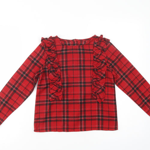 Dunnes Stores Girls Red Plaid Polyester Basic Blouse Size 8 Years Round Neck Button