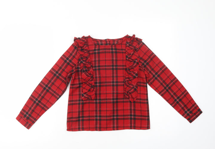 Dunnes Stores Girls Red Plaid Polyester Basic Blouse Size 8 Years Round Neck Button