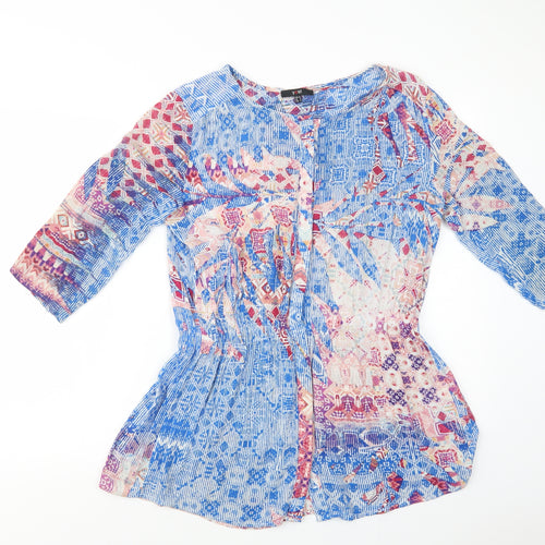 Yest Womens Blue Geometric Viscose Tunic Blouse Size 8 Round Neck