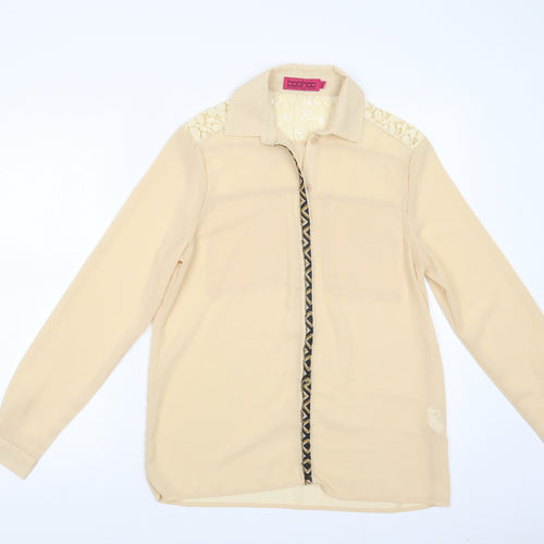 Boohoo Womens Beige  Polyester Basic Button-Up Size 8 Collared - Lace Detail