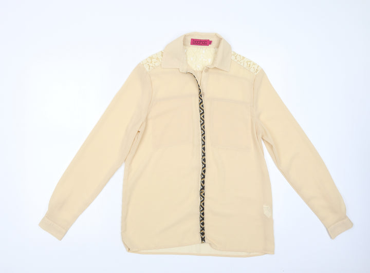 Boohoo Womens Beige Polyester Basic Button-Up Size 8 Collared - Lace Detail