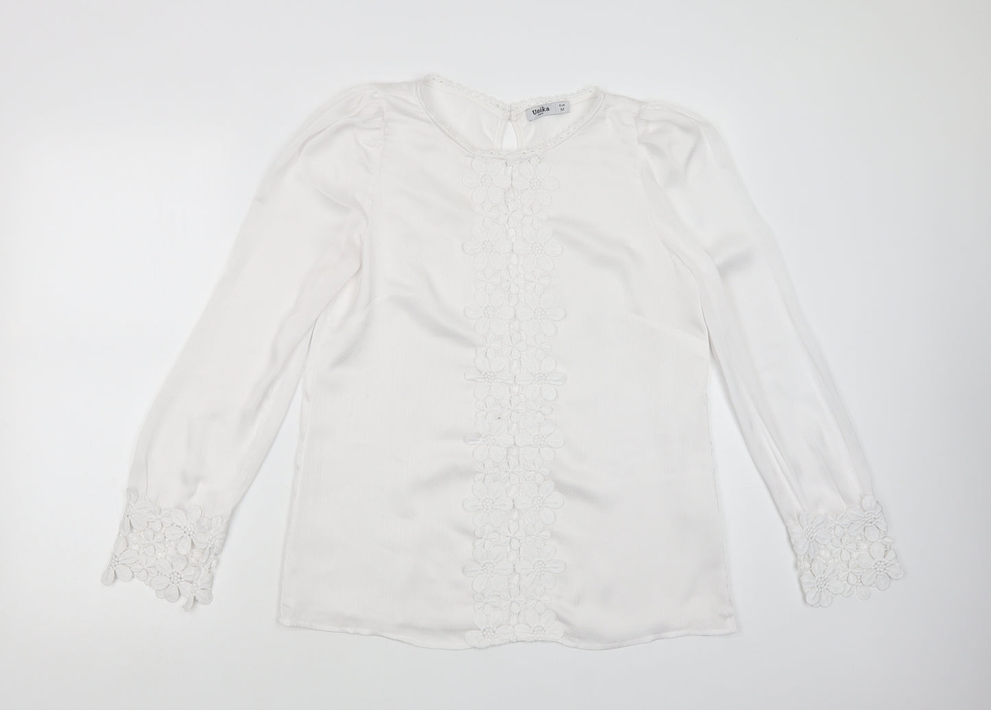 Unika Womens White  Polyester Basic Blouse Size M Round Neck - Lace Detail