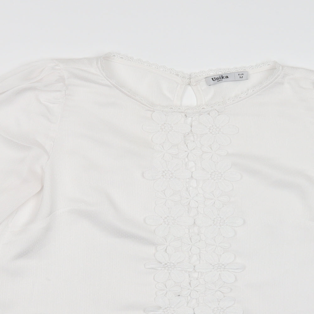Unika Womens White  Polyester Basic Blouse Size M Round Neck - Lace Detail