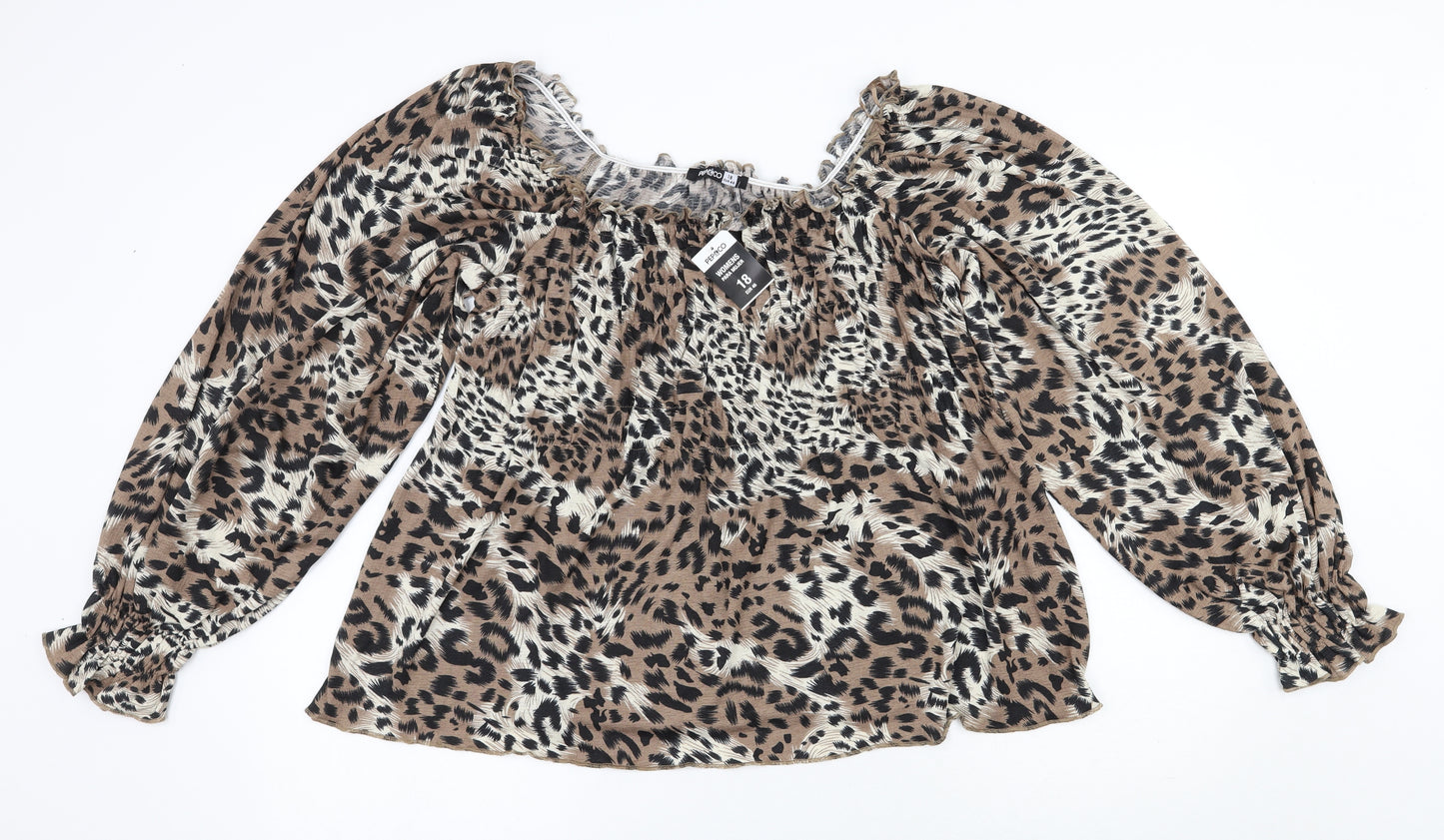 Pep&co  Womens Brown Animal Print Polyester Jersey Blouse Size 18 Square Neck