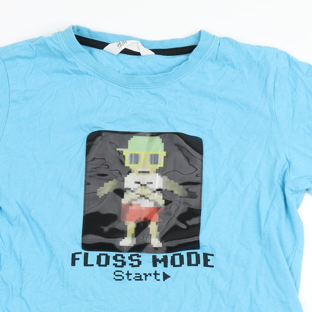 H&M Boys Blue  100% Cotton Pullover T-Shirt Size 10-11 Years Round Neck Pullover - Floss