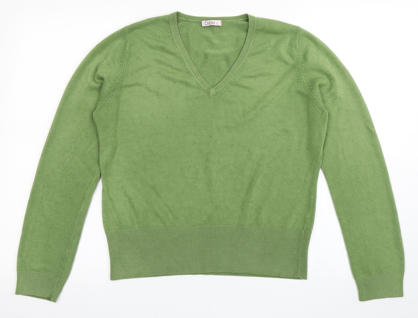 Ditto Womens Green V-Neck  Acrylic Pullover Jumper Size 18