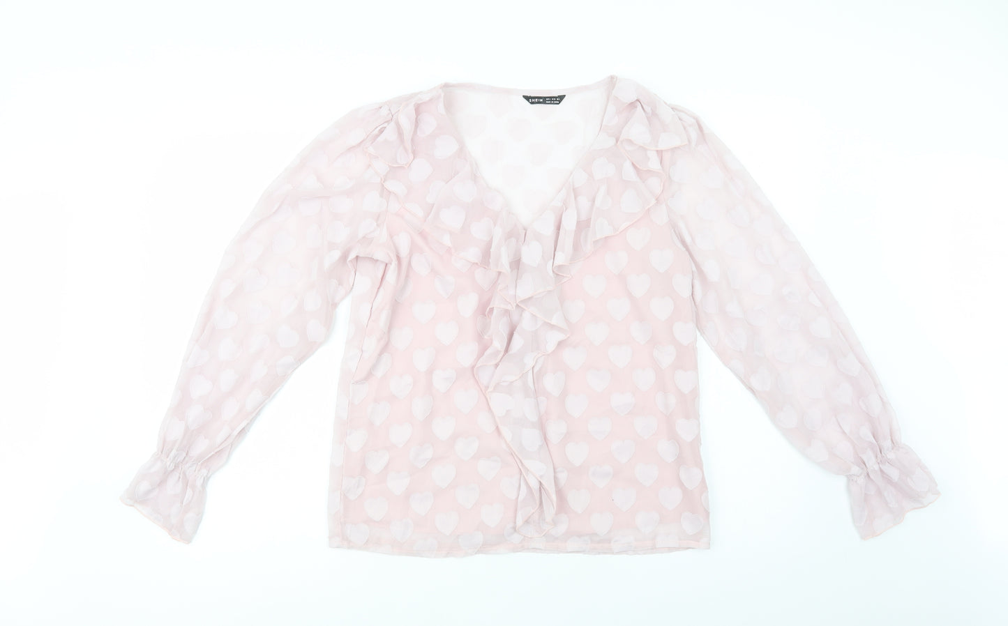 SheIn Womens Pink Geometric Polyester Basic Blouse Size S V-Neck - Heart Pattern