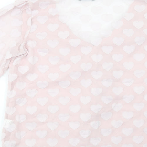 SheIn Womens Pink Geometric Polyester Basic Blouse Size S V-Neck - Heart Pattern