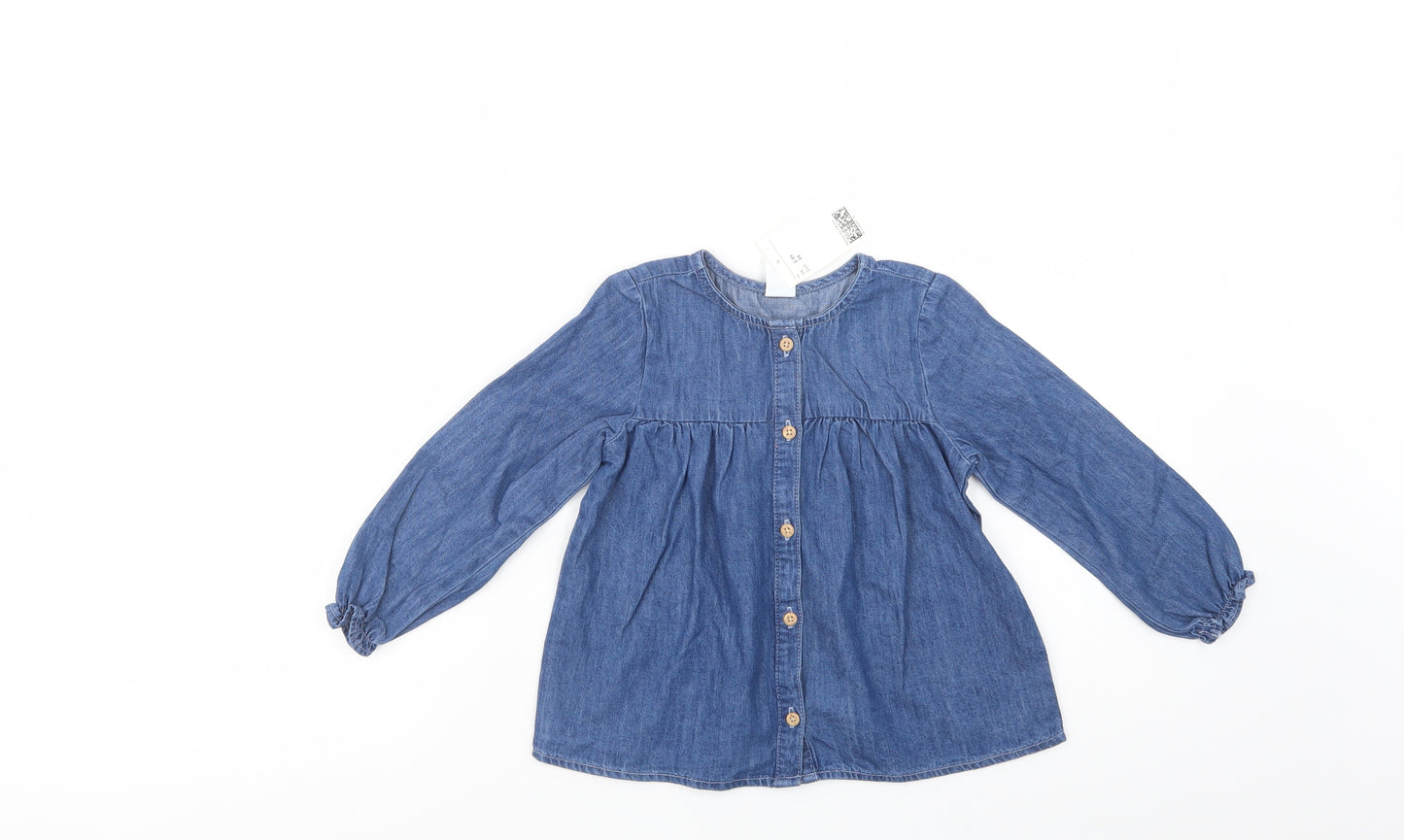 H&M Girls Blue  Cotton Basic Button-Up Size 2-3 Years Crew Neck Button