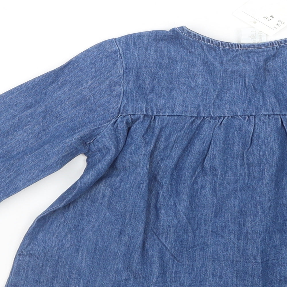 H&M Girls Blue  Cotton Basic Button-Up Size 2-3 Years Crew Neck Button