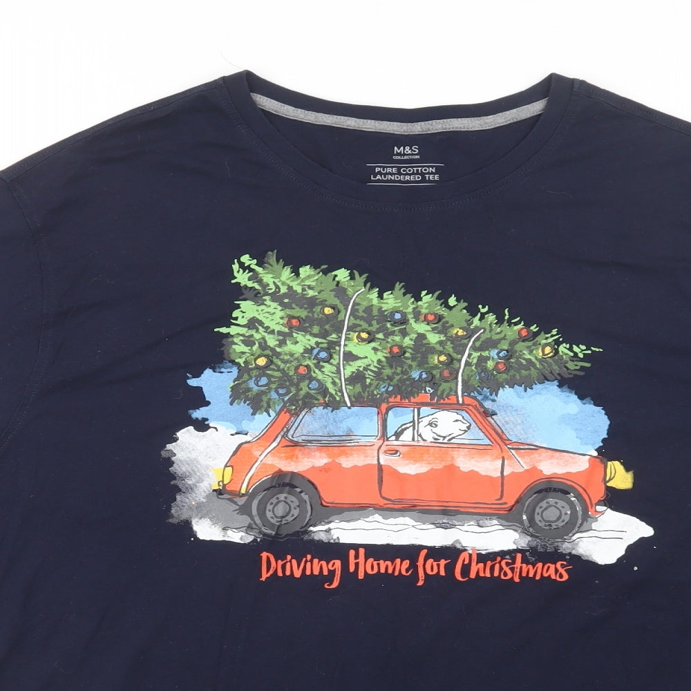Marks and Spencer Mens Blue  Cotton  T-Shirt Size XL Crew Neck  - Christmas