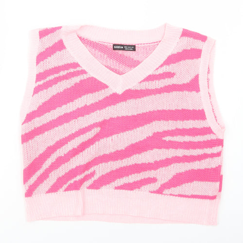 SheIn Womens Pink V-Neck Animal Print Viscose Vest Jumper Size M