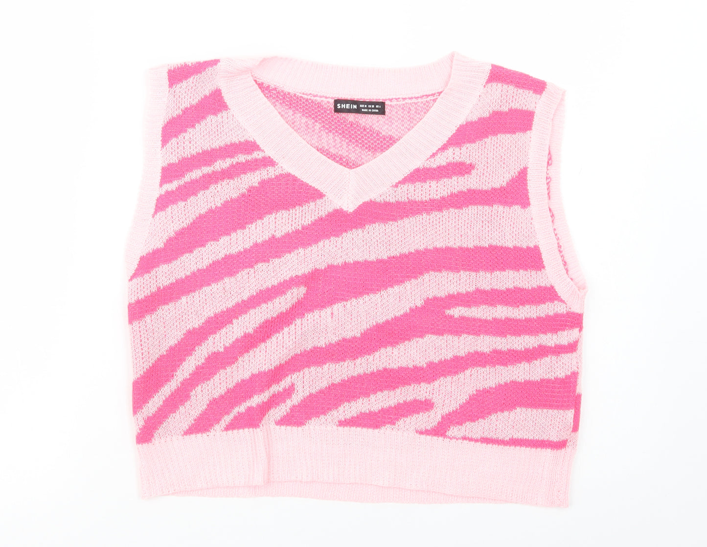 SheIn Womens Pink V-Neck Animal Print Viscose Vest Jumper Size M