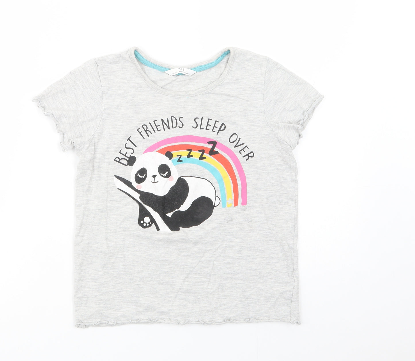 Marks and Spencer Girls Grey  Cotton Basic T-Shirt Size 9-10 Years Crew Neck Pullover - Panda