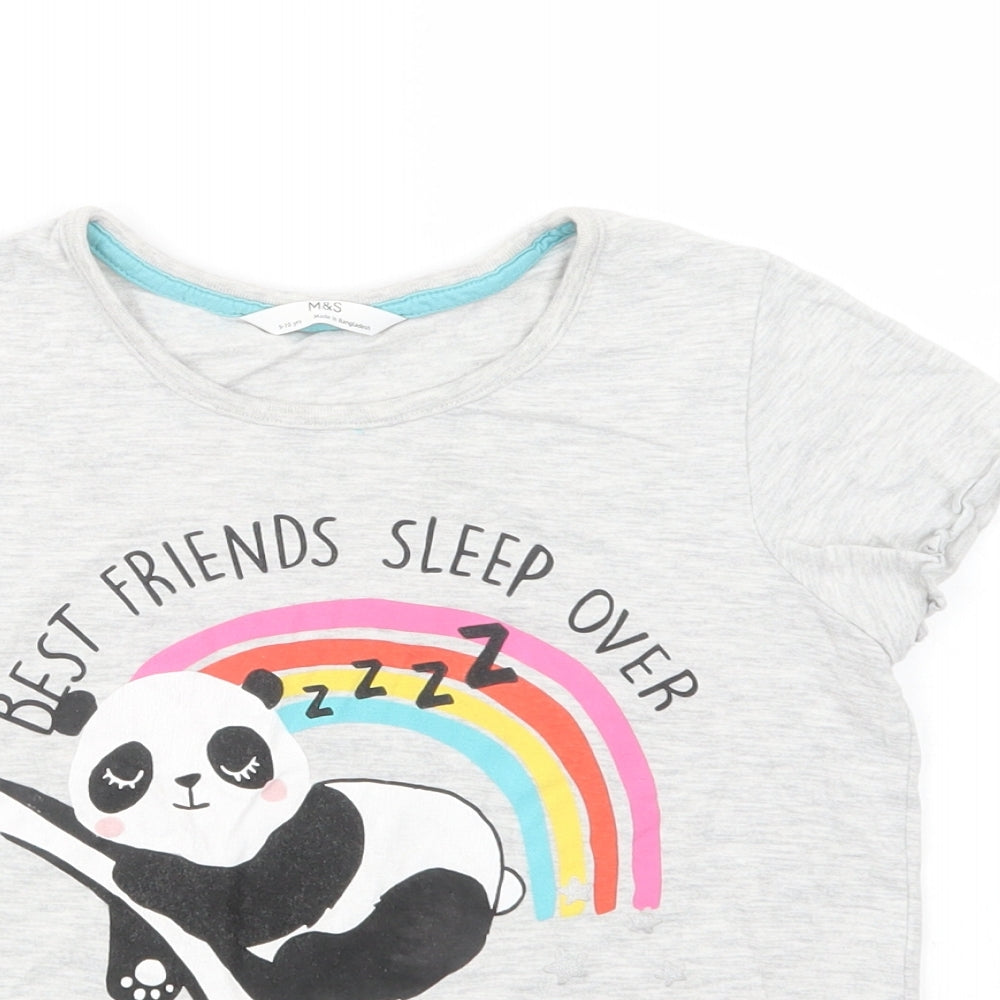 Marks and Spencer Girls Grey  Cotton Basic T-Shirt Size 9-10 Years Crew Neck Pullover - Panda