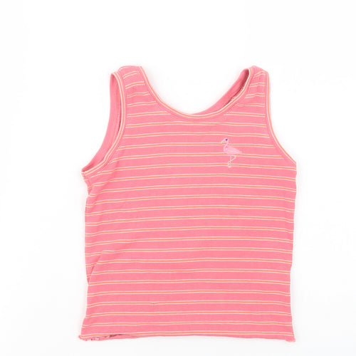 Marks and Spencer Girls Pink Striped Cotton Basic Tank Size 5-6 Years Scoop Neck Pullover - Flamingo