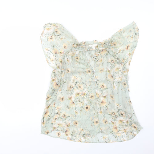 H&M Womens Green Floral Polyester Basic Blouse Size 8 Mock Neck