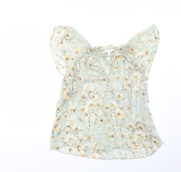 H&M Womens Green Floral Polyester Basic Blouse Size 8 Mock Neck