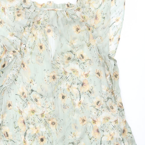 H&M Womens Green Floral Polyester Basic Blouse Size 8 Mock Neck