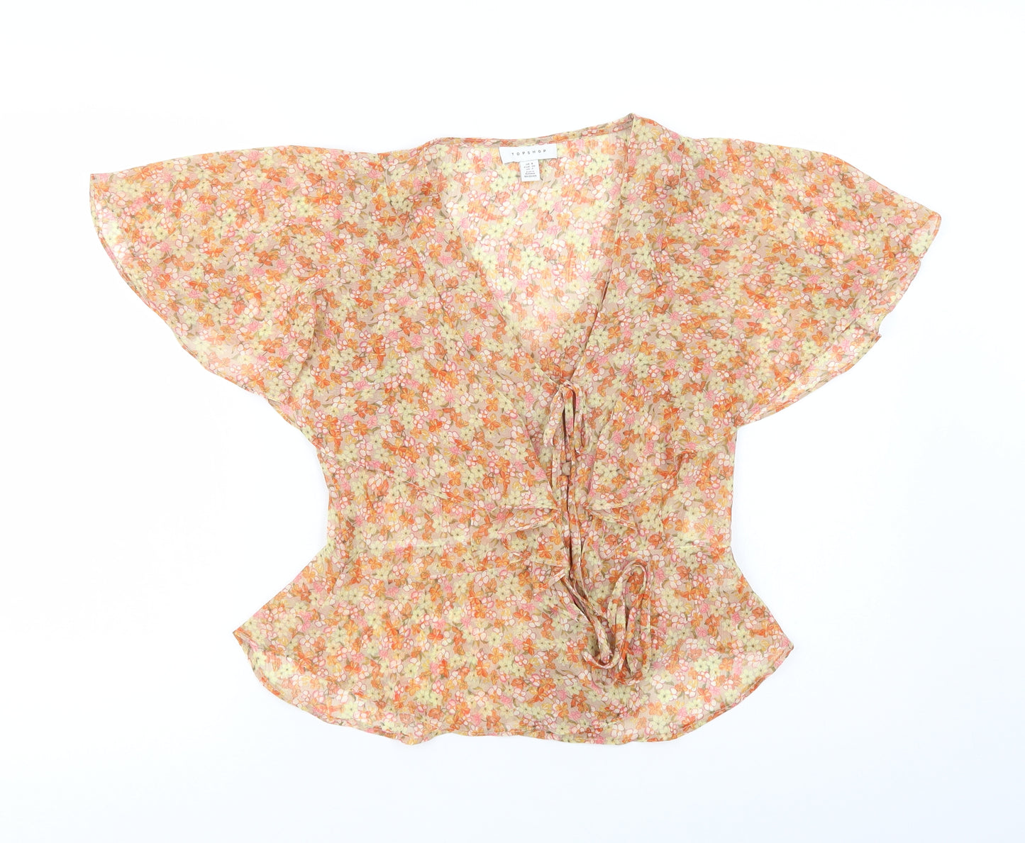 Topshop Womens Orange Floral Polyester Basic Blouse Size 8 V-Neck