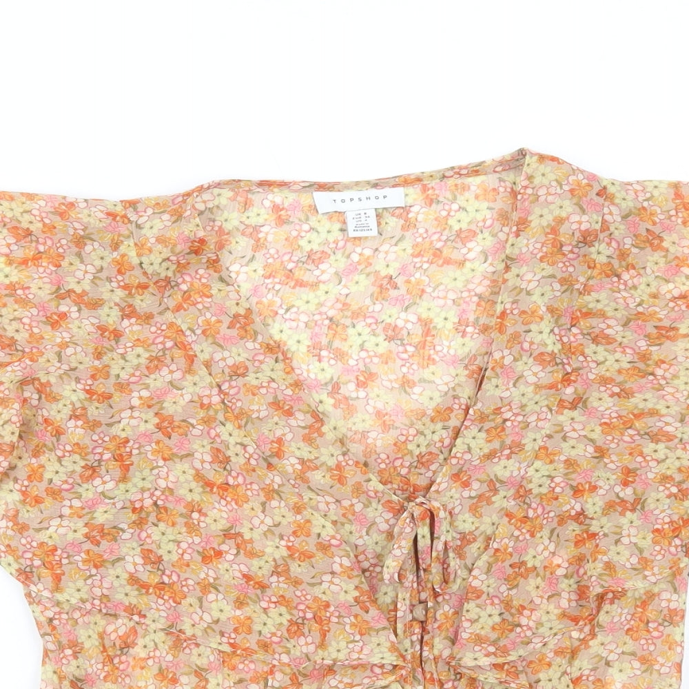 Topshop Womens Orange Floral Polyester Basic Blouse Size 8 V-Neck